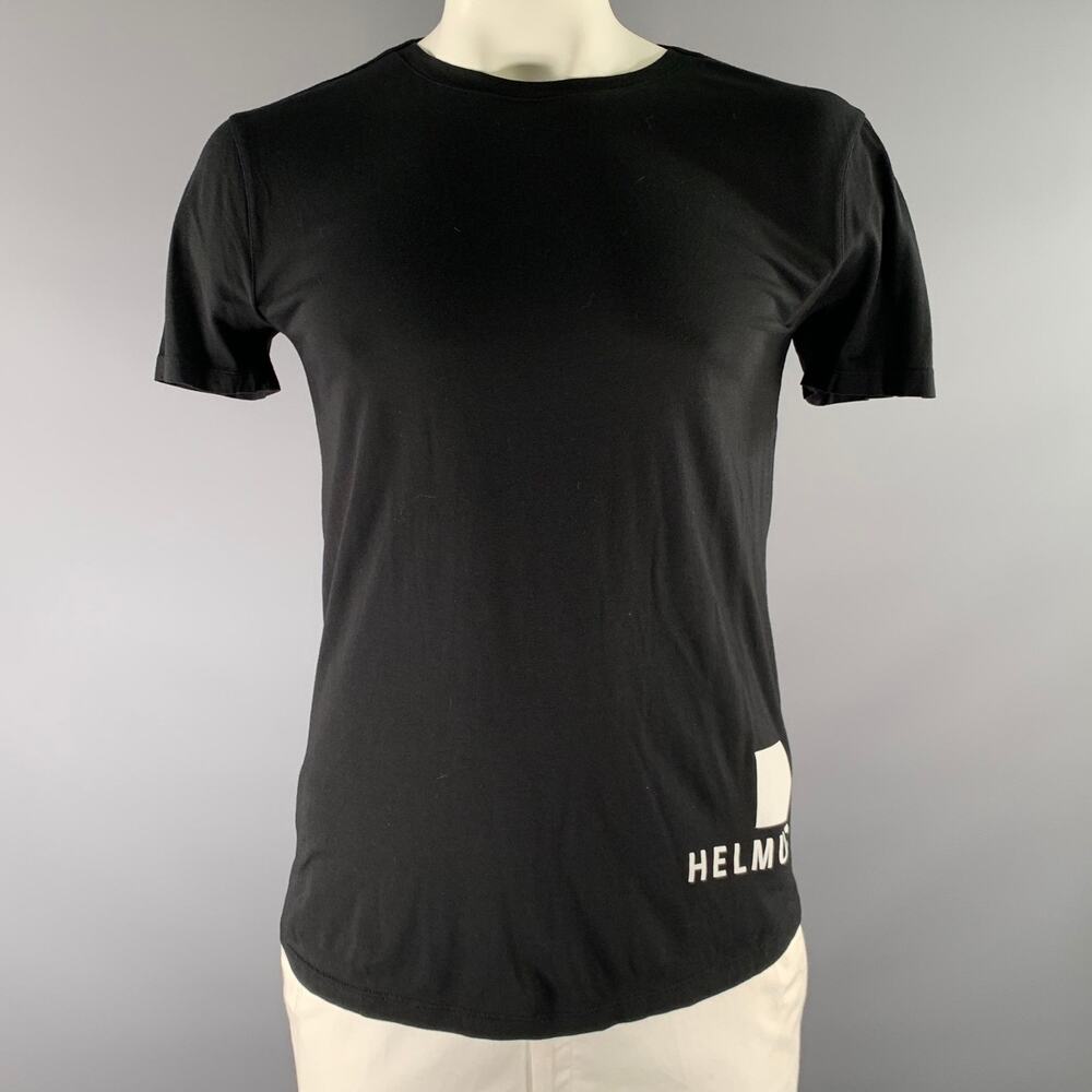 HELMUT LANG Size L Black White Graphic Cotton Modal See Through T shirt